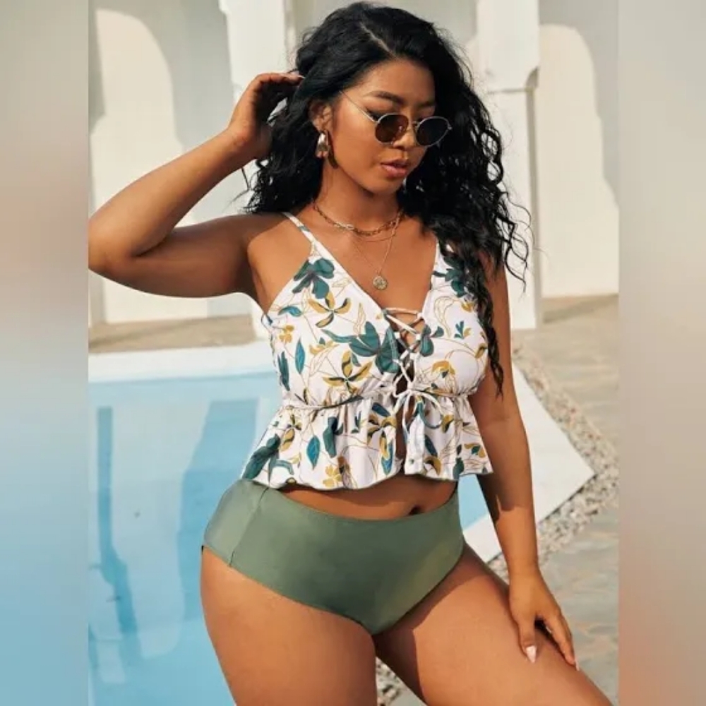 Plus size floral ruffle lace-up swimsuit